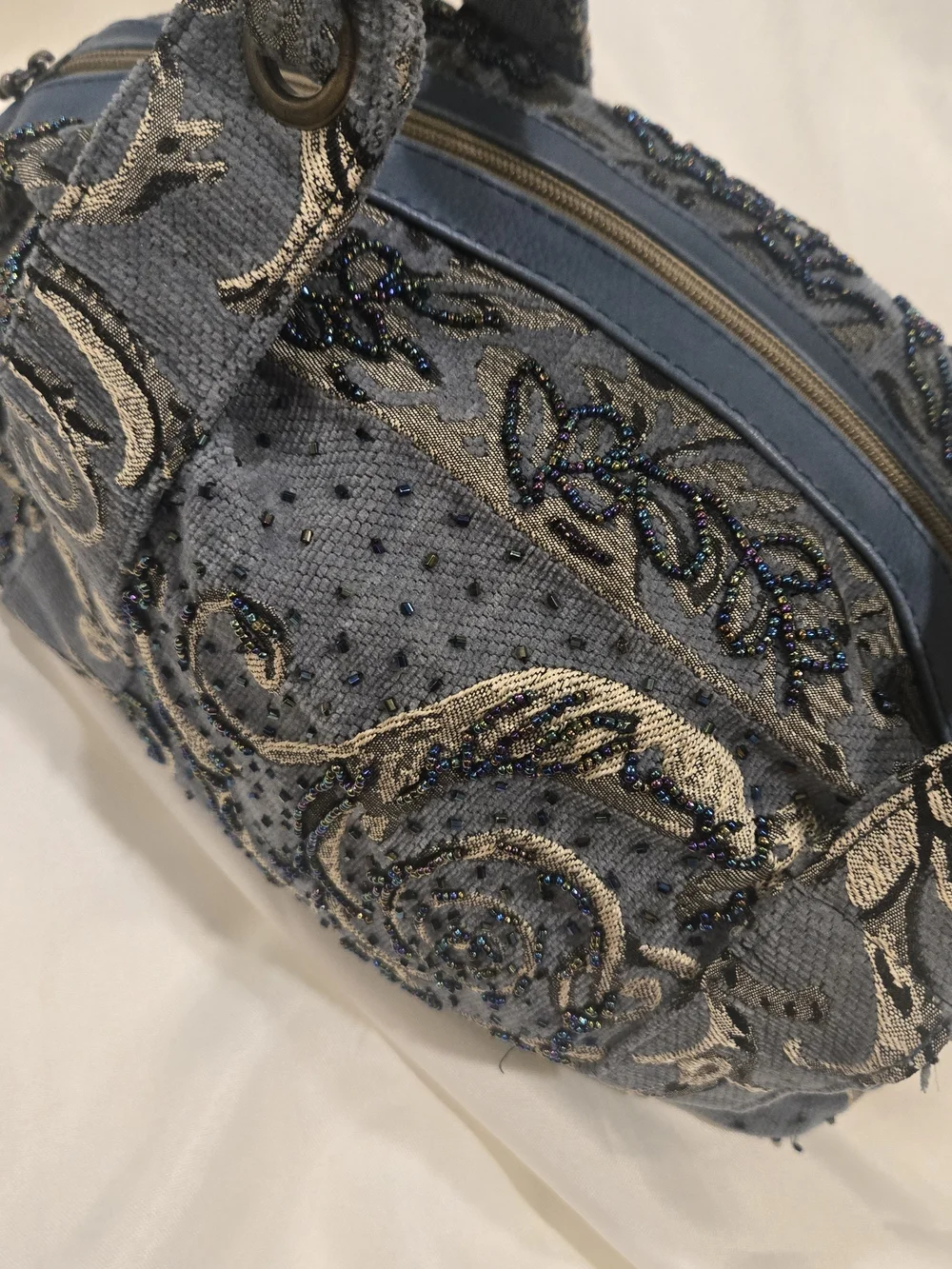 Sans Souci Blue Satchel with Gold Embroidery And Beads
